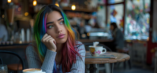 Young woman drinking coffee in cafe. Colorful hair.