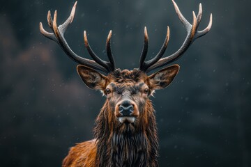 Portrait of a majestic deer with large antlers standing in a serene, misty forest, perfectly capturing the essence of wildlife and nature's beauty