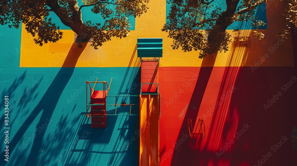 Poster Abstract art depicting a colorful wall with tree shadows, creating geometric patterns and a sense of depth.
