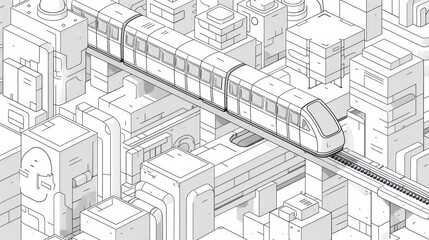 A futuristic city scene with a train running on a elevated track above the buildings. The illustration is done in a minimalist style with black lines on a white background.