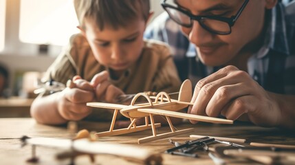 Heartwarming Father's Day photograph of a father and child building a model airplane together, with detailed focus on their hands and the intricate parts of the model.