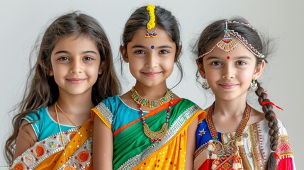 Three Indian little girls in traditional Indian clothes on the Independence Day of the Republic of India