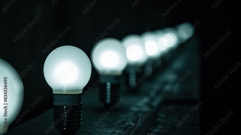 Poster a row of light bulbs fading into the darkness, with the nearest bulb providing a focal point for cop