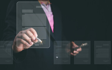 Electronic signature business concept. Businessman signs an electronic document, business approved, executing plan, project approved. Digital signature. Electronic documents, digital business, online.