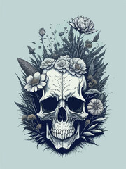 Fototapeta premium Black and white flowers entwine around an ancient skull, creating a timeless contrast.