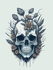 Fototapeta premium An ancient skull adorned with black and white flowers exudes a haunting beauty.