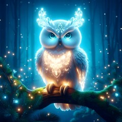 A beautiful owl in a forest sits on a tree branch with glowing eyes.