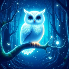 The beautiful owl is sitting on a branch in the forest with glowing eyes.