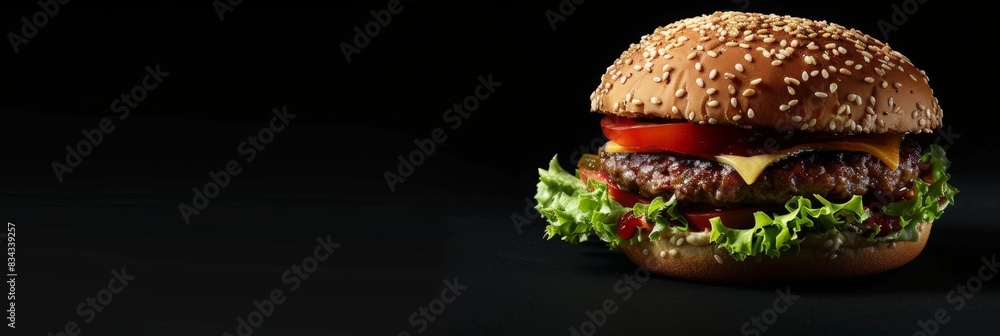 Canvas Prints burger with lettuce, tomato, and cheese Copy-Space on a solid black background