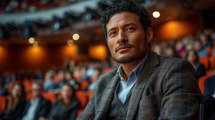 Obraz premium A young Latino professor in a wheelchair in an auditorium giving a lecture 