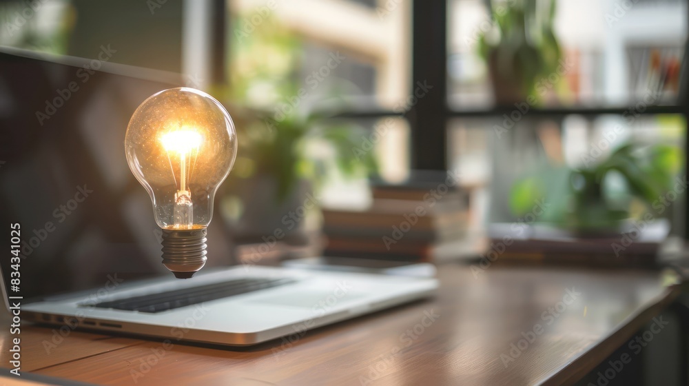 Poster a light bulb placed on a desk or workspace, with blank space on the desk surface for adding text