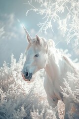 beautiful white glitter unicorn in magical sparkly white and silver crystal landscape, dreamy white color sky, detailed, hyper realistic photography