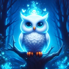 A beautiful owl with glowing eyes sitting on a tree branch.