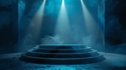 A circular platform with three steps stands illuminated by spotlights in a dark, mysterious room.
