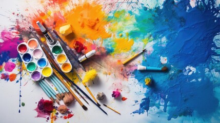 Fototapeta premium Photograph of a child's art supplies arranged in a creative still life, with crayons, markers, paints, and glitter spilling out onto a canvas.