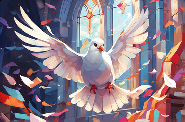 White dove flying in the church against a colored mosaic window