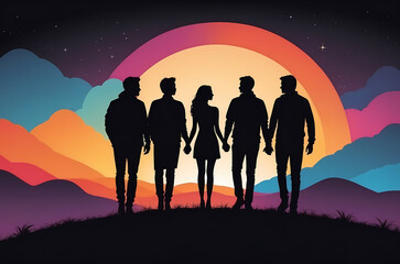 Group of friends gathered together, friendship silhouette holding hands