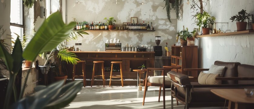 cafe shop interior design with minimal boho inspiration, bright, warm and trendy