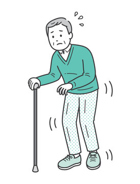 手足の震えがある高齢男性が杖をついて恐る恐る歩くイラスト