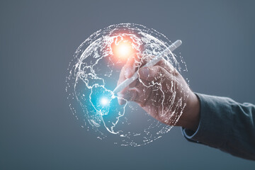 Connection to the world network. Big data analytics and business intelligence. Global business point and line composition concept on a world map. The Metaverse technology of digital links.	
