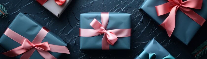 Blue and pink gift boxes with bows on a dark background.