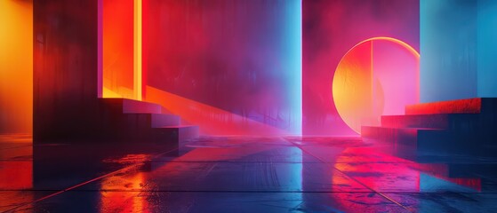 dramatic stage with abstract geometry tridimensional elements in bright neon colors on a dark environment 
