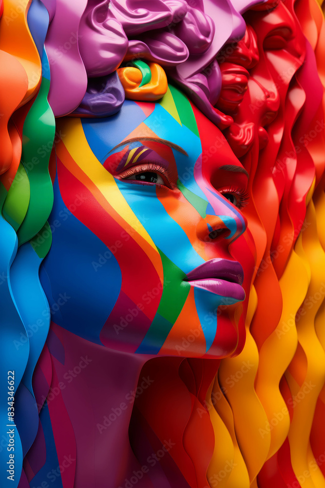Poster radiant face adorned with multicolored waves in a dynamic abstract portrait