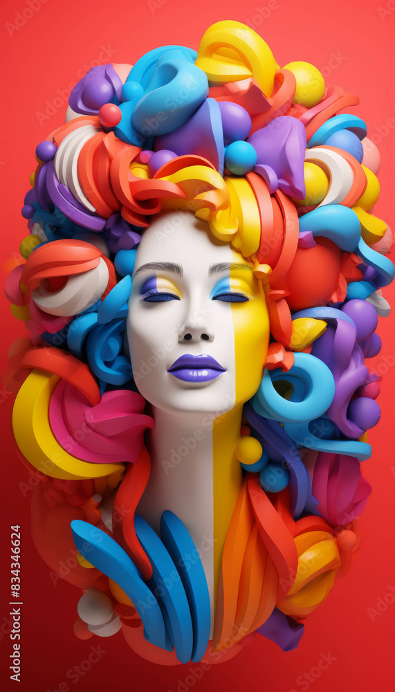 Poster vibrant abstract portrait with flowing multicolored shapes and a striking expression
