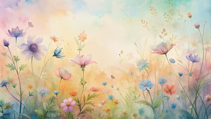 Watercolor background of pastel wildflowers arranged in a garden setting