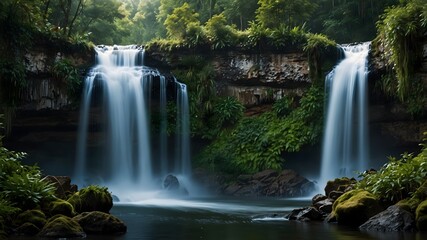 The harmony between a majestic waterfall and the surrounding forest ai_generated