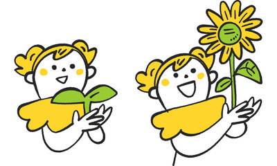 若い芽と元気に育ったひまわりを手に持つ笑顔の子供　セットのイラスト素材
