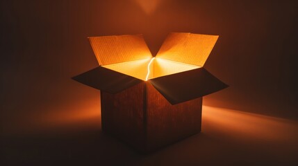 Surprise Box: A box with a slightly open lid and light emanating from within, with a plain background for copy space 
