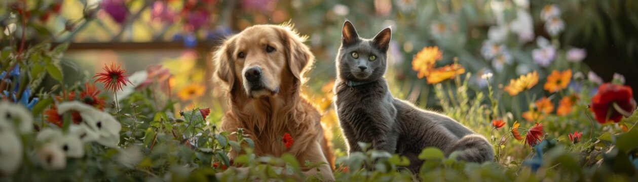 In a lush garden a panting Golden retriever and a poised blue Maine Coon are surrounded by colorful flowers