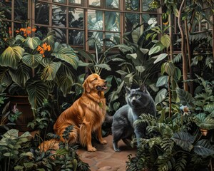 Obraz premium In a lush greenhouse a Golden retriever and blue Maine Coon explore tropical plants