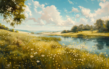 Watercolored summer landscape with hills mountains and long grass