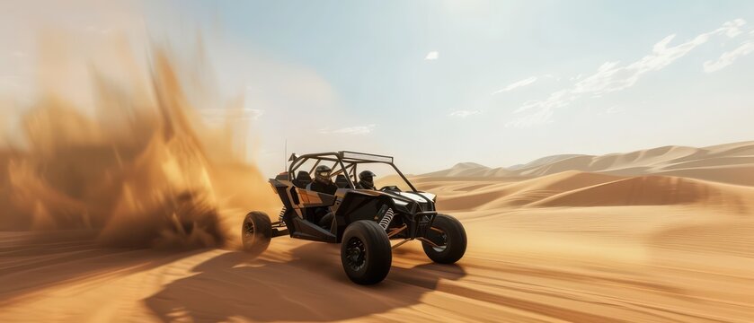wallpaper of a buggy driving fast in sand dunes, very dynamic and photographic imagery
