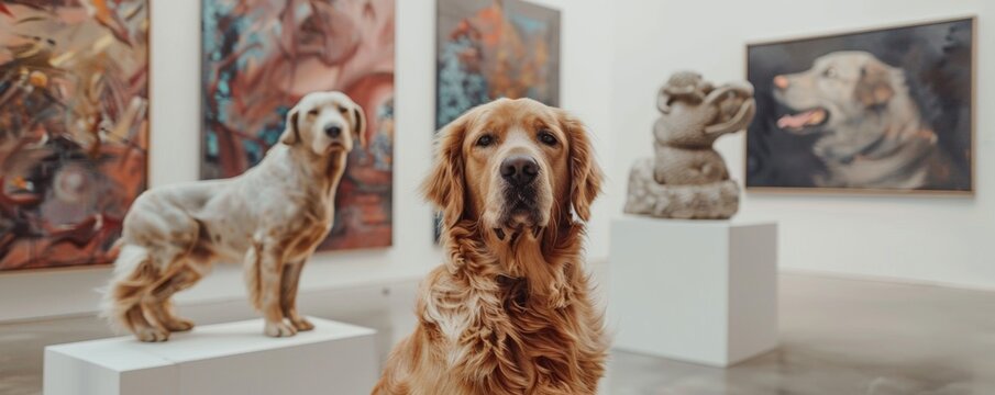 In a modern art gallery a Golden retriever and blue Maine Coon inspire artists as live models