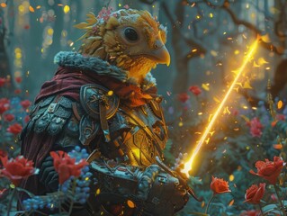 Fototapeta premium A fantastical creature, resembling a bird-like knight, stands in a magical forest holding a glowing staff.