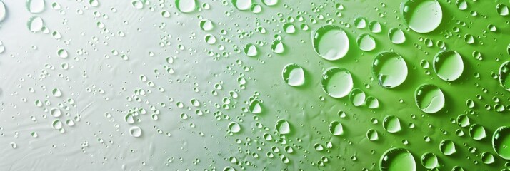 Green and White Background with Water Drops on Surface. Modern Banner with Copy-Space