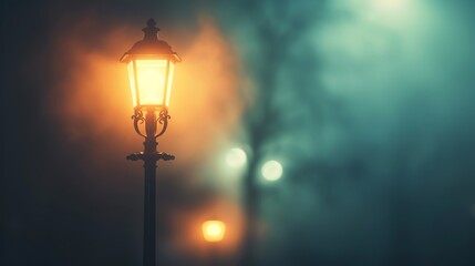 street lamp glowing in the fog, mysterious mood, soft light, close up, focus on, copy space, Double exposure silhouette with city street