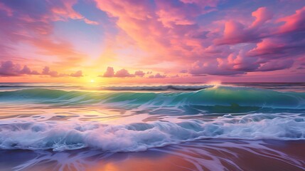 Fototapeta premium Colorful sunset viewed from the pink sea beach with soft waves