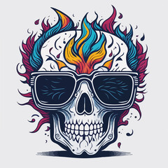 Fototapeta premium Colorful flames frame a skull in trendy sunglasses, creating a stylish vibe.