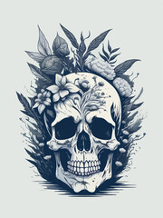 Fototapeta premium Black and white flowers encircle an ancient skull, symbolizing war veteran honor.