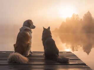 Early morning fog surrounds a Golden retriever and blue Maine Coon sitting on a dock