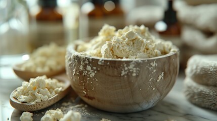 Fototapeta premium Spa Treatment with Shea Butter. Bowl of shea butter in a serene spa setting, ready for a soothing and moisturizing treatment.