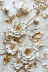 A white background features a floral bouquet decoration with golden leaves and flowers.