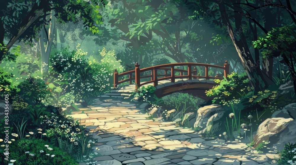 Poster background setting with footpath and bridge