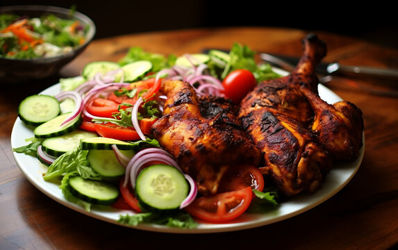 Chicken tikka kebab served with fresh vegetables and salad