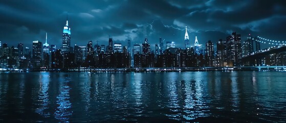 new york city view from the sea at night with amazing lighting and scenario
