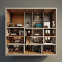 Modern home cross section, 3d rendering minimalist